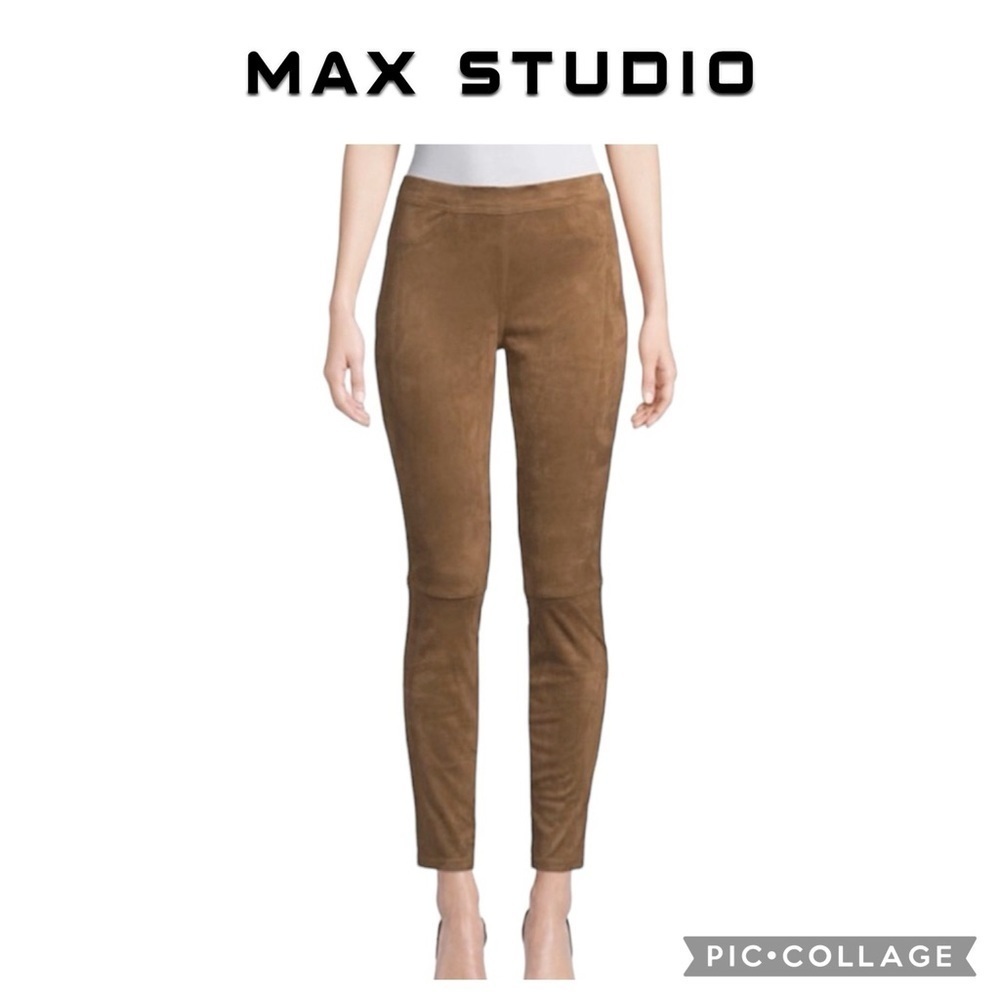 Max Studio women suede stretch pull on ankle pants brown camel size L NWOT